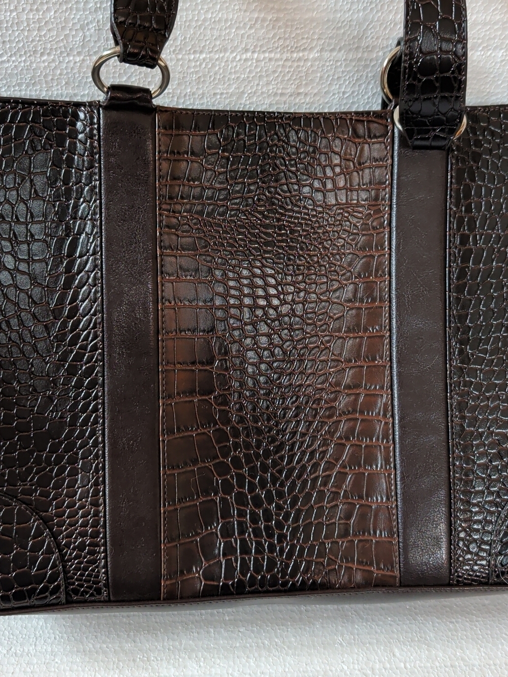 Coldwater Creek Brown Faux Crocodile Embossed Tote Briefcase Laptop Bag 16" X 11 - Picture 2 of 6